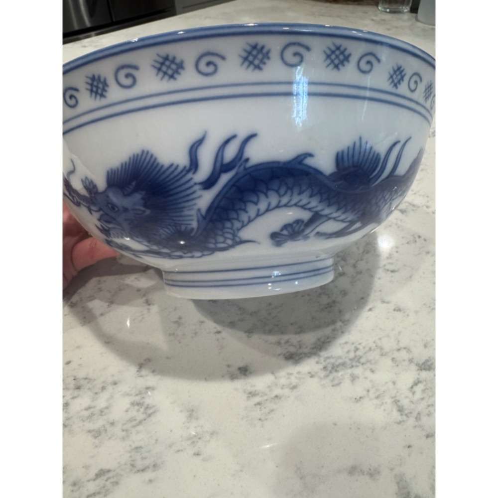 Blue Moon Dragon Ramen Bowls Set of 2 Blue White Ceramic Microwave Safe 9 Inch.